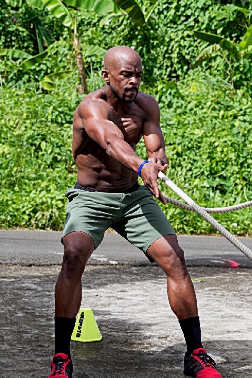 Laurent LABECA à l'entraînement avec une corde ondulatoire, en extérieur en Guadeloupe