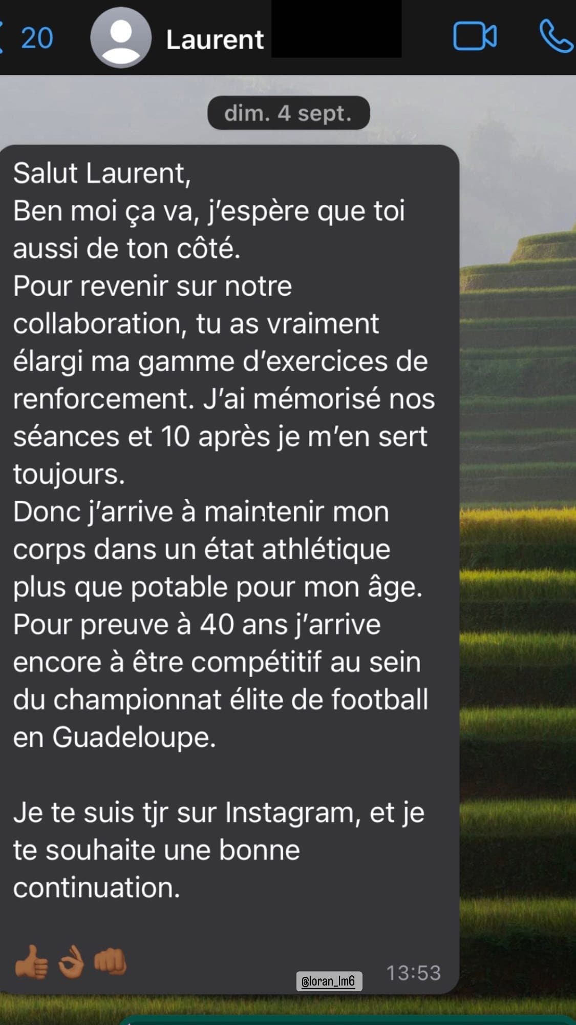Message d'un joueur du championnat élite de football en Guadeloupe, accompagné par Laurent LABECA